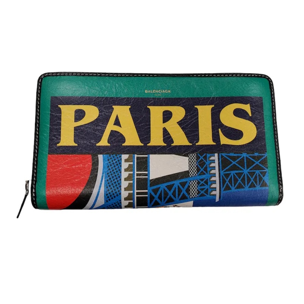 Balenciaga Paris Bazar Green Multicolor Zip Leather Wallet
